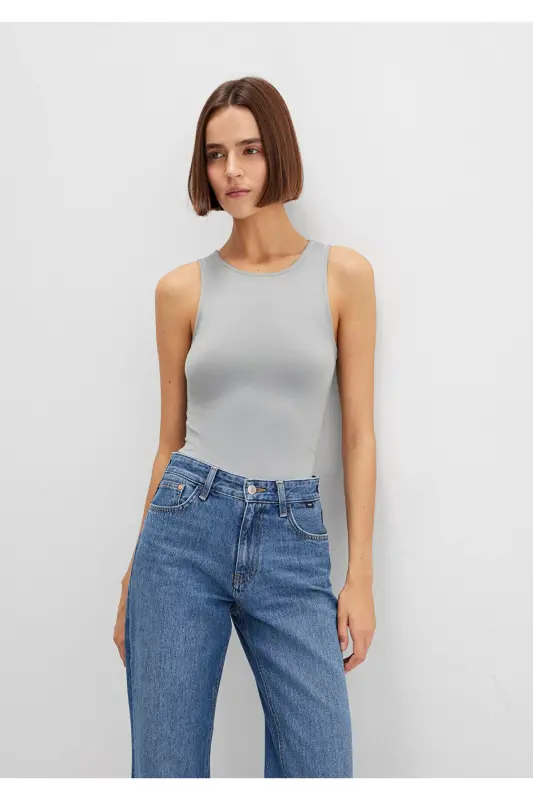 Halter Neck Grey Polyamide Tank Top Fitted - 3