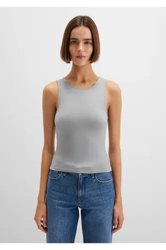 Halter Neck Grey Polyamide Tank Top Fitted - 4