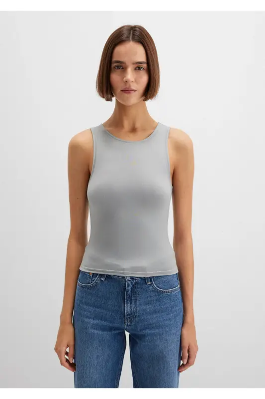 Halter Neck Grey Polyamide Tank Top Fitted - 4
