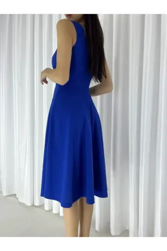 Halter Neck Heart Collar Midi Crepe Fabric Evening Dress-SAXE BLUE - 3