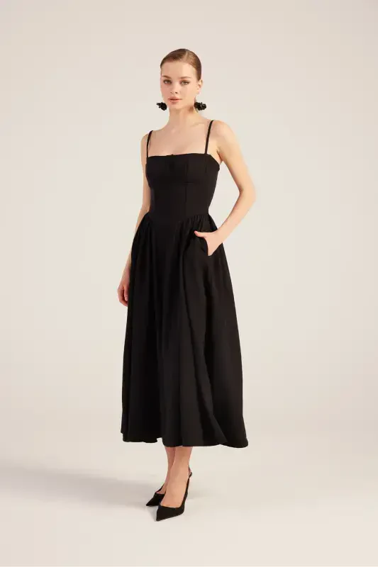 Halter Neck Long Bridged Dress Black-Black - 3