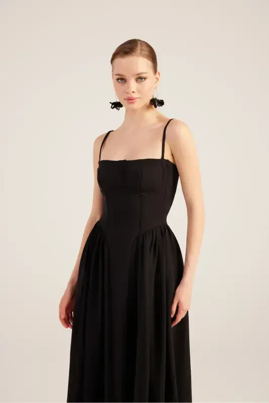 Halter Neck Long Bridged Dress Black-Black - 4