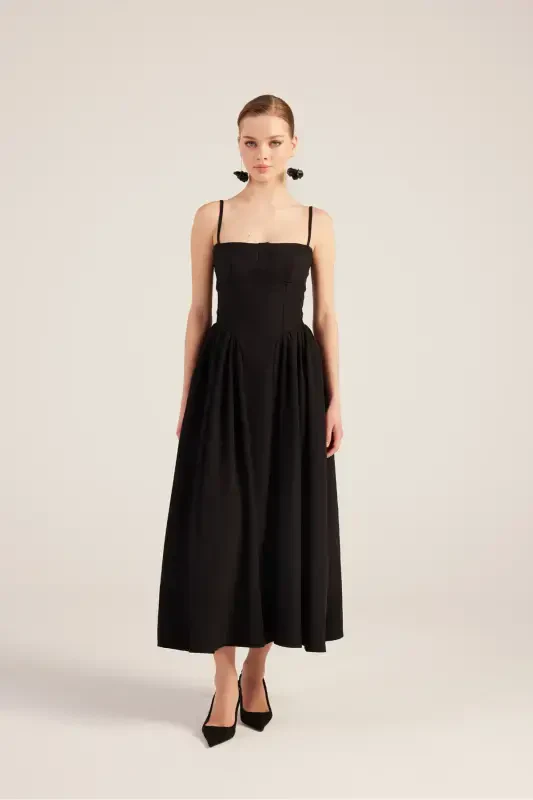 Halter Neck Long Bridged Dress Black-Black - 5