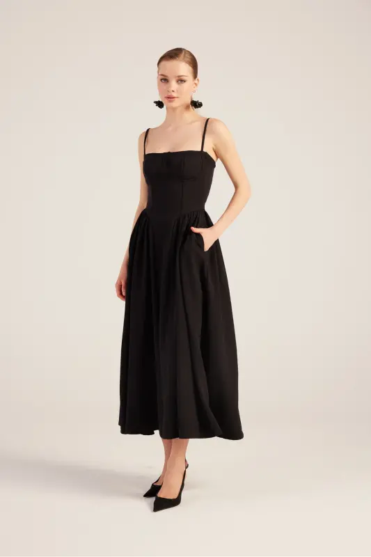 Halter Neck Long Bridged Dress Black-Black - 4