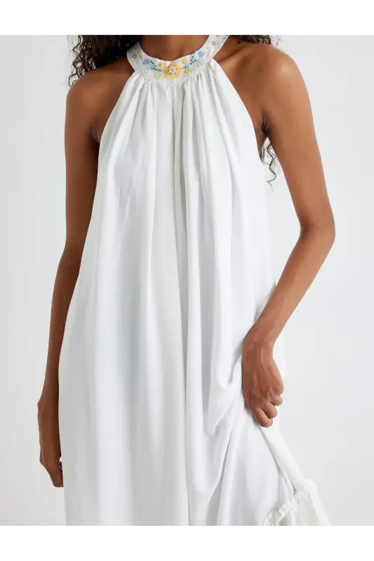 Halter Neck Maxi Dress Ruffled Beaded Detailed Lined - 5