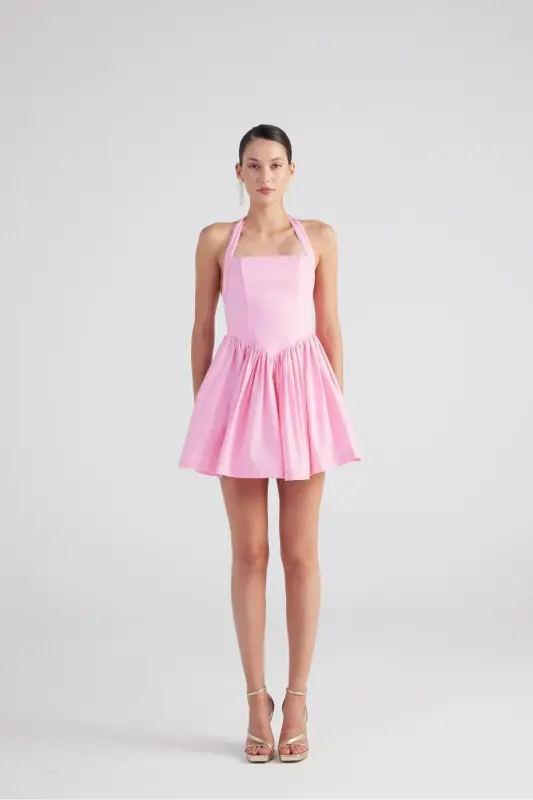 Halter Neck Mini Teresa Dress Pink with Detachable Ribbon - 1