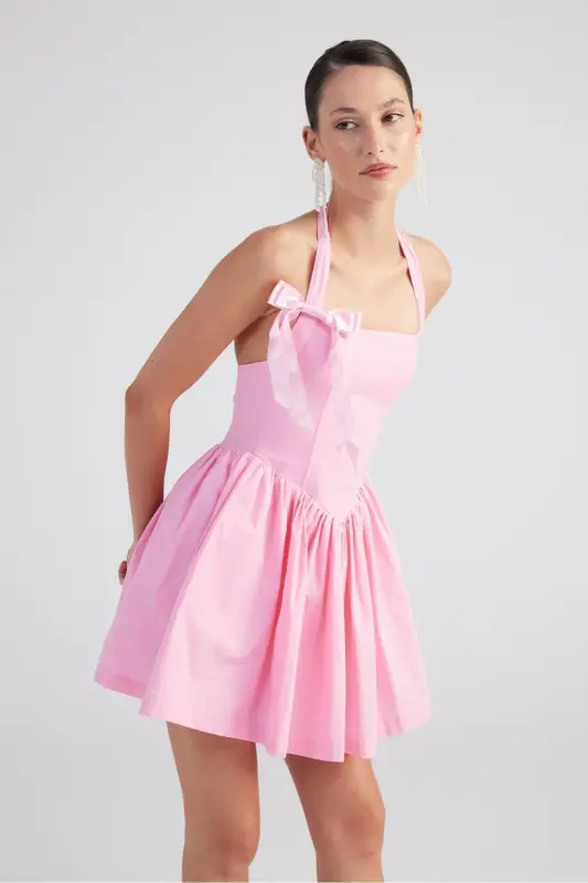 Halter Neck Mini Teresa Dress Pink with Detachable Ribbon - 2