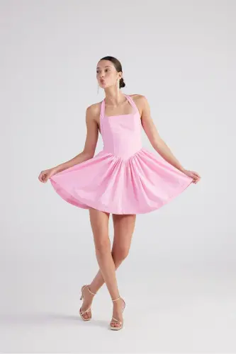 Halter Neck Mini Teresa Dress Pink with Detachable Ribbon - 3
