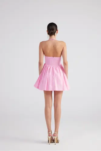 Halter Neck Mini Teresa Dress Pink with Detachable Ribbon - 4