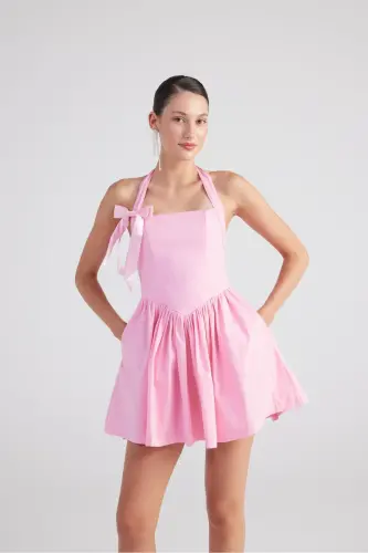 Halter Neck Mini Teresa Dress Pink with Detachable Ribbon - 6