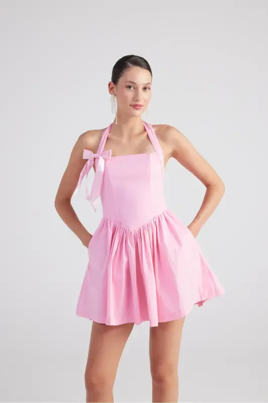 Halter Neck Mini Teresa Dress Pink with Detachable Ribbon - 6