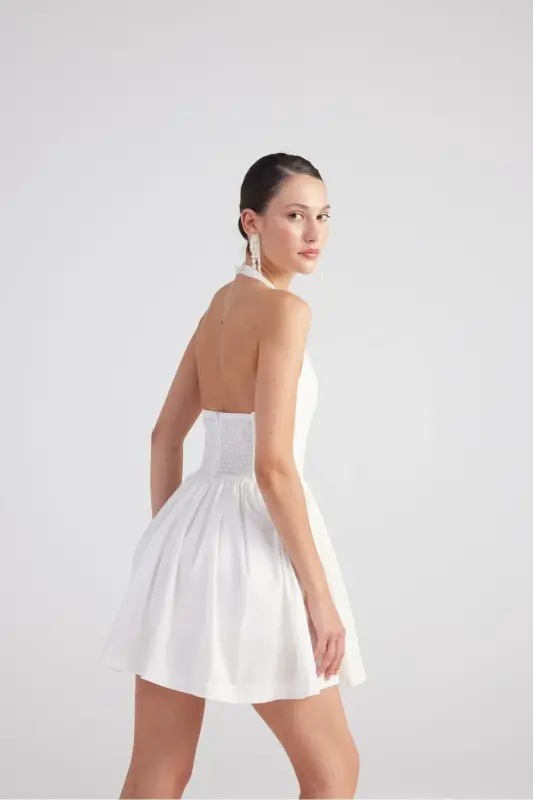 Halter Neck Mini Teresa Dress White with Detachable Ribbon - HOLLY LOLLY