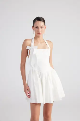 Halter Neck Mini Teresa Dress White with Detachable Ribbon - 3