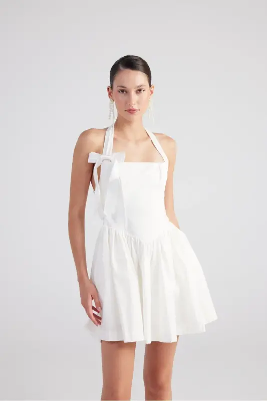 Halter Neck Mini Teresa Dress White with Detachable Ribbon - 3