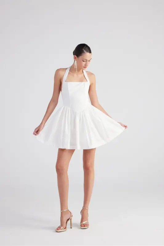 Halter Neck Mini Teresa Dress White with Detachable Ribbon - 4