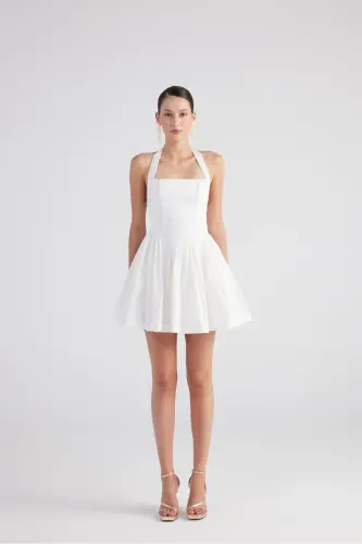 Halter Neck Mini Teresa Dress White with Detachable Ribbon - 6