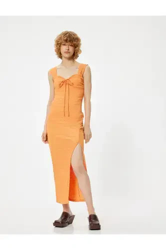 Halter Neck Pencil Dress Lined Heart Neck Front Tie Detailed Slit Detailed Bow Detailed Crepe-Orange - KOTON (1)