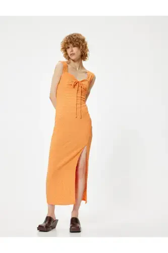 Halter Neck Pencil Dress Lined Heart Neck Front Tie Detailed Slit Detailed Bow Detailed Crepe-Orange - 3