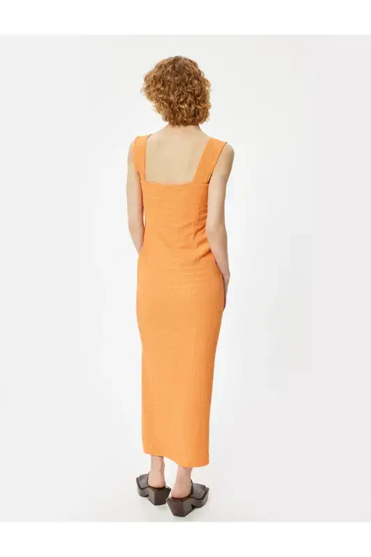 Halter Neck Pencil Dress Lined Heart Neck Front Tie Detailed Slit Detailed Bow Detailed Crepe-Orange - 4