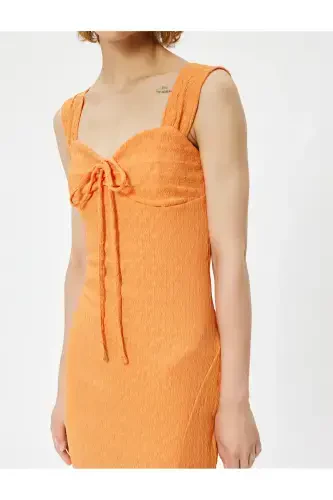 Halter Neck Pencil Dress Lined Heart Neck Front Tie Detailed Slit Detailed Bow Detailed Crepe-Orange - 5