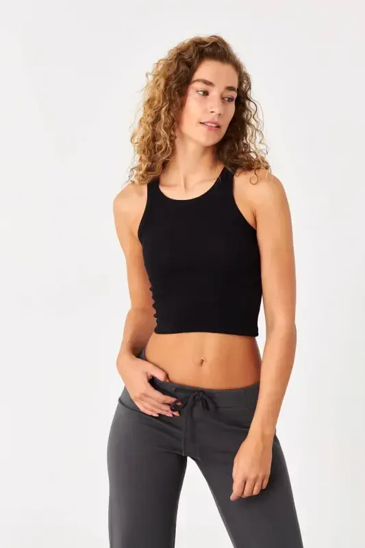 Halter Neck Ribbed Crop Tank Top A0942-x5-Black - ADDAX