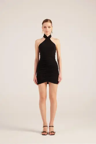 Halter Neck Ruched Mini Perla Dress-Black 