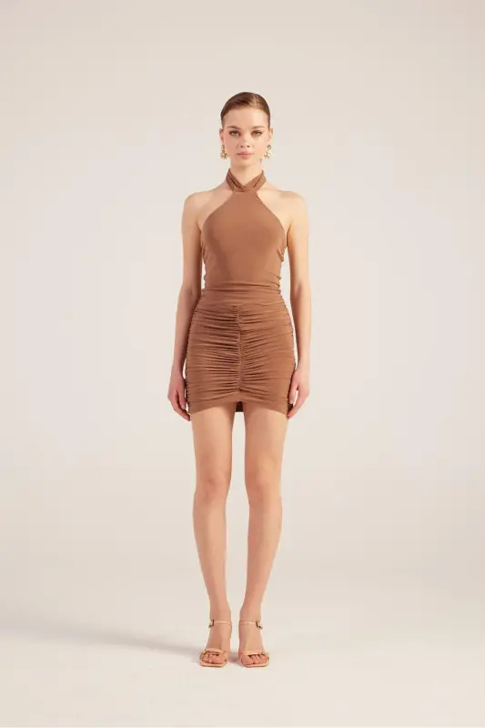 Halter Neck Ruched Mini Perla Dress-Brown - 4