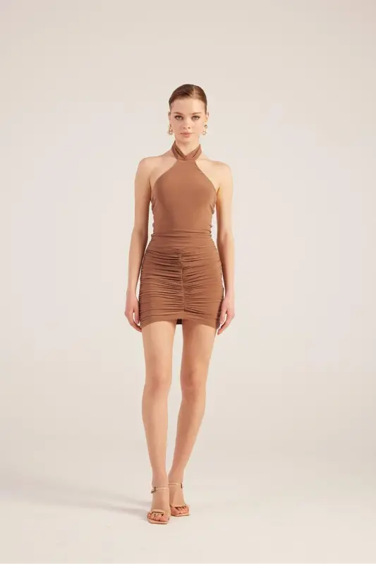Halter Neck Ruched Mini Perla Dress-Brown - 2