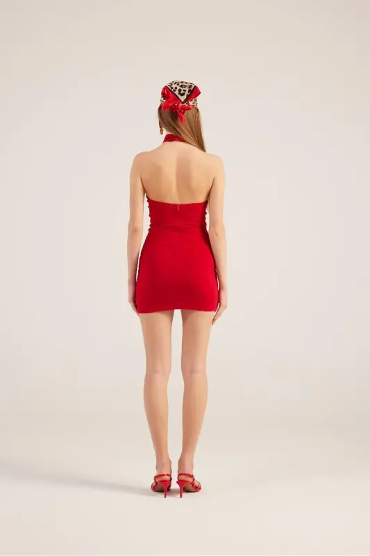 Halter Neck Ruched Mini Perla Dress-Red - 6