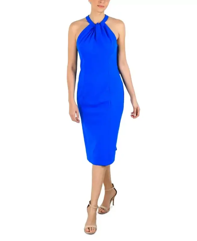 Halter-Neck Sleeveless Sheath Dress-Blue - 1