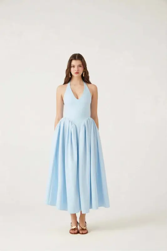Halter Neck Waist Fitting Long Ophelia Dress Blue - Blue - 1