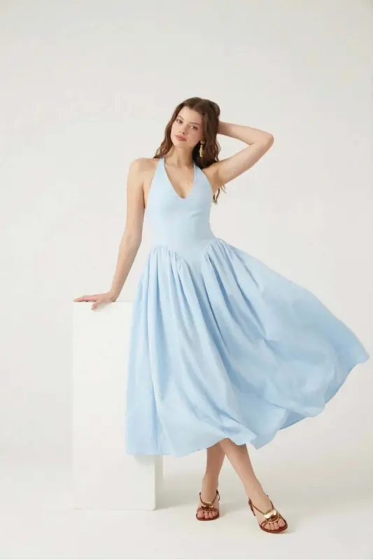 Halter Neck Waist Fitting Long Ophelia Dress Blue - Blue - 3