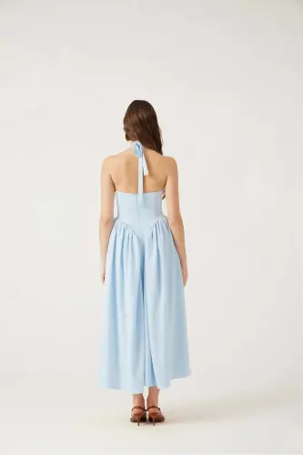 Halter Neck Waist Fitting Long Ophelia Dress Blue - Blue - 4