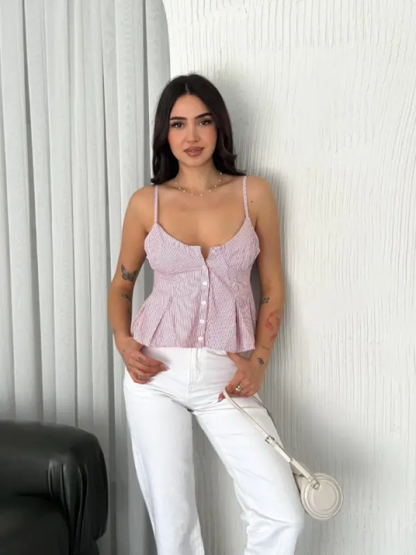 Halter Neckline Detailed Crop - Red - 2