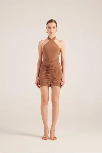Halter Yaka Büzgülü Mini Perla Elbise Kahverengi - Kahve - 5