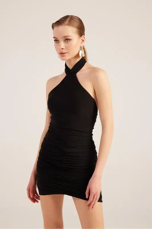 Halter Yaka Büzgülü Mini Perla Elbise Siyah - Siyah - 12