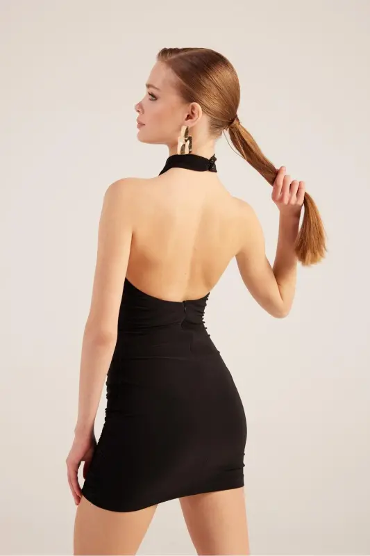 Halter Yaka Büzgülü Mini Perla Elbise Siyah - Siyah - 5