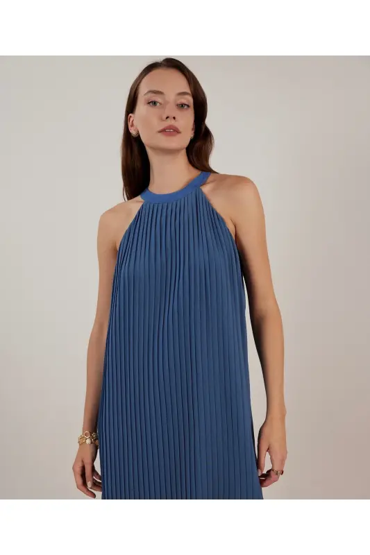 Halter Yaka Elbise-KOYU MAVİ - 1