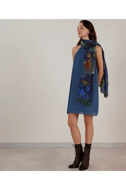 Halter Yaka Elbise-KOYU MAVİ - 2