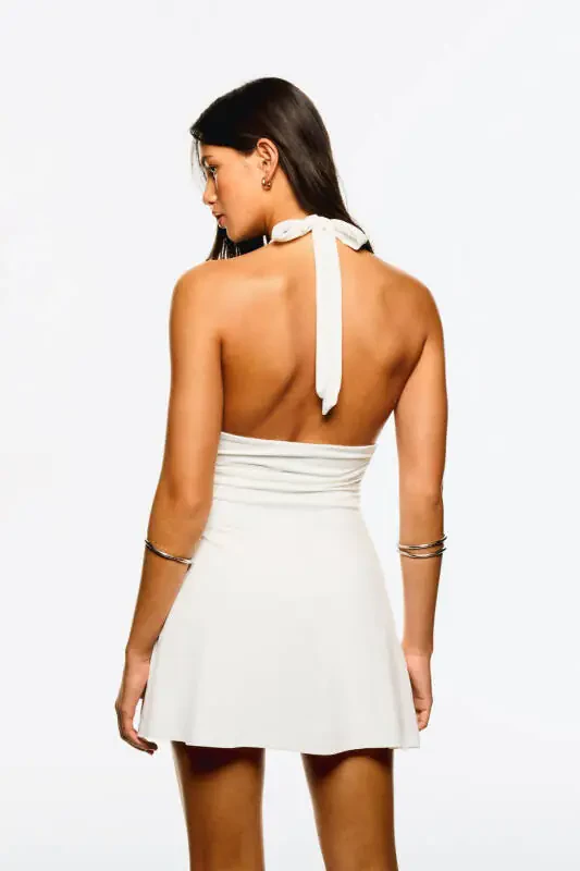 Halter yaka mini elbise-Krem - 3