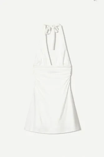 Halter yaka mini elbise-Krem - 4