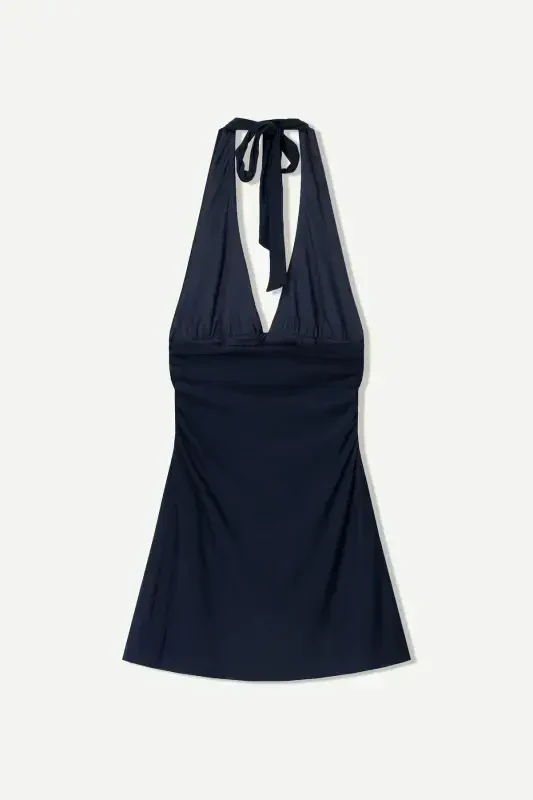 Halter yaka mini elbise-Denizci mavisi - 5
