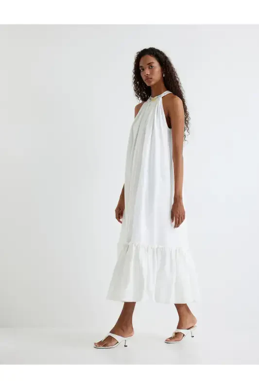 Halter Yaka Uzun Elbise Fırfırlı Boncuk İşleme Detaylı Astarlı - Koton