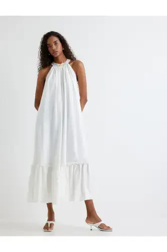 Halter Yaka Uzun Elbise Fırfırlı Boncuk İşleme Detaylı Astarlı - Koton (1)