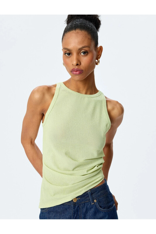 Halter Yaka Viskon Slim Fit Drapeli Kolsuz Bluz - Yeşil - 1