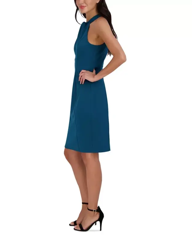 Halter-Neck Sleeveless Sheath Dress - Blue/Jade - 4