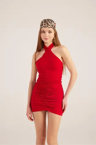 Halter Yoqali Büzgülü Mini Perla Ko'ylak-Qizil - 3