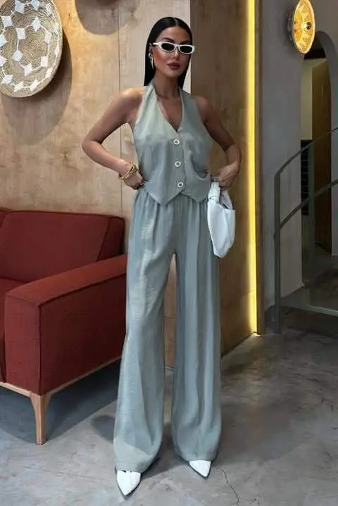 Halter yoqali yelekli modal kostyum 10144 - 5