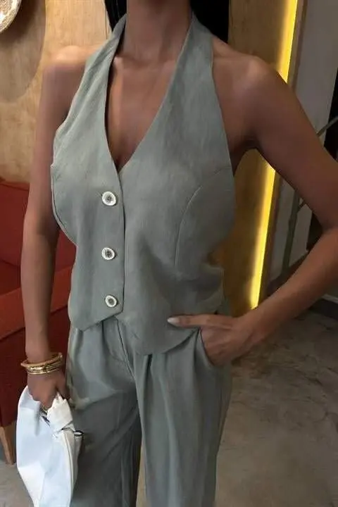 Halter yoqali yelekli modal kostyum 10144 - 6