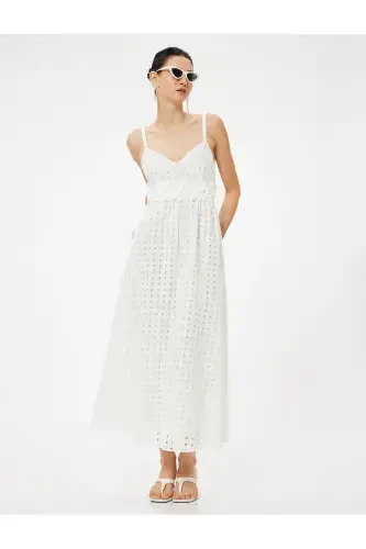Halterneck Long Eyelet Dress with Flower Applique Detail, Bell Skirt, Lined - KOTON (1)